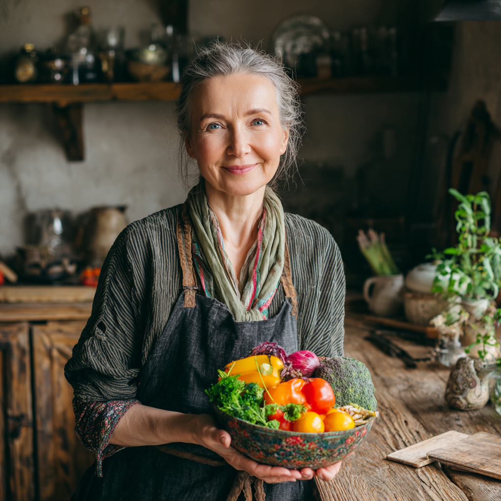 Happy middle-aged Ukrainian woman preparing fresh vegetables in a modern kitchen, smiling while arranging colorful healthy foods