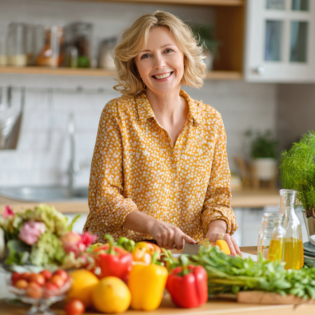 Elderly Ukrainian couple examining fresh fruits and vegetables at a market, both smiling and looking healthy and energetic